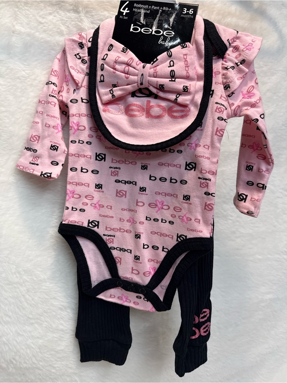 bebe Pink and Black Logo Bodysuit Set with Bib & Pants